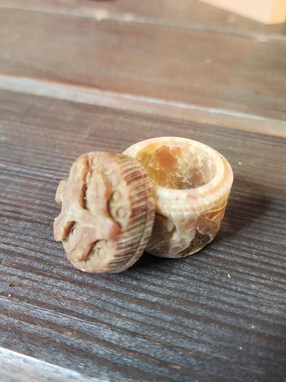 Carved Stone Mini Jewelry Box Ring - Natural Brown Very Mini